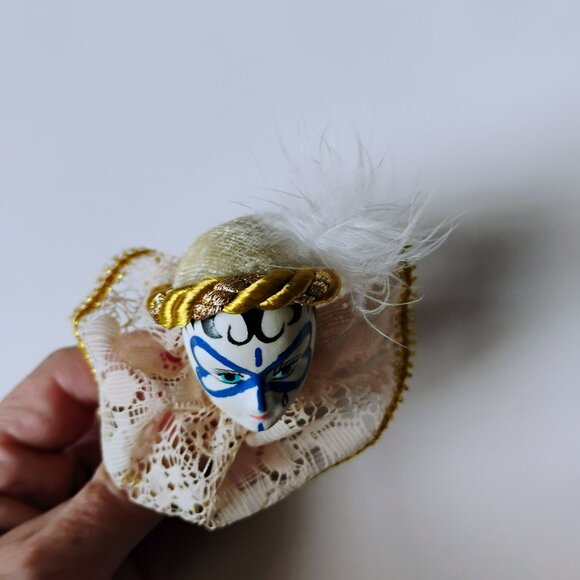 Vintage Porcelain Pierrot Head Ornament, Harlequin Clown Doll Pin Cushion, Lace - Picture 11 of 12